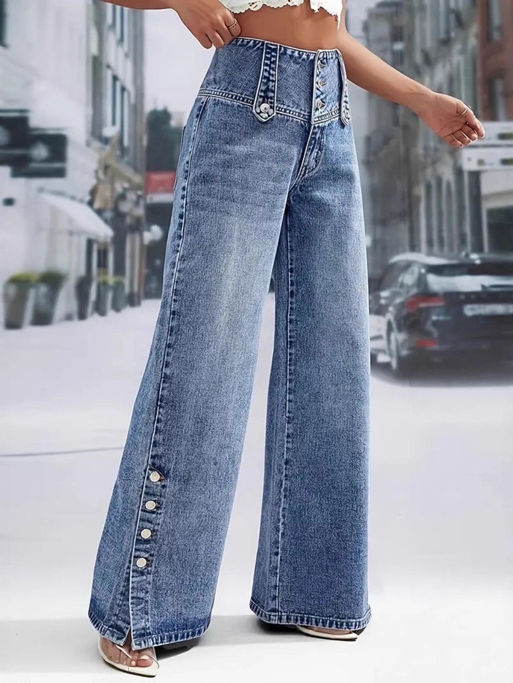 🩵Hello Gorgeous! High-Waist Wide Leg Button-Accent Jeans - Light Blue Denim
